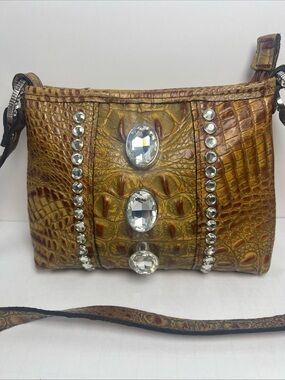 Raviani Swarovski Large Crystals Brown Croc Leather Purse Bag UNIQUE EXCELLENT